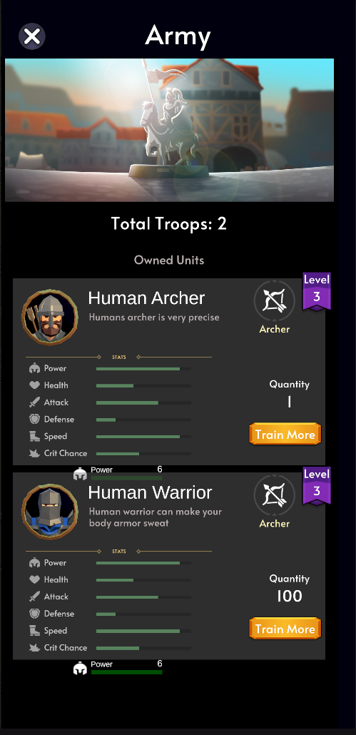 The Army roster — Human Archer and Human Warrior.