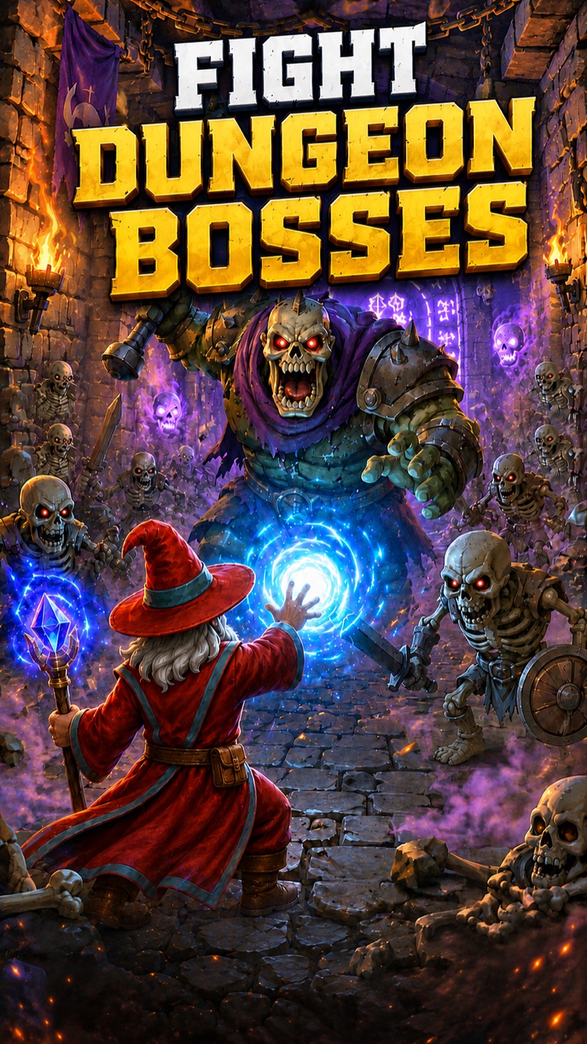 Fight dungeon bosses — a wizard faces the skeleton horde.