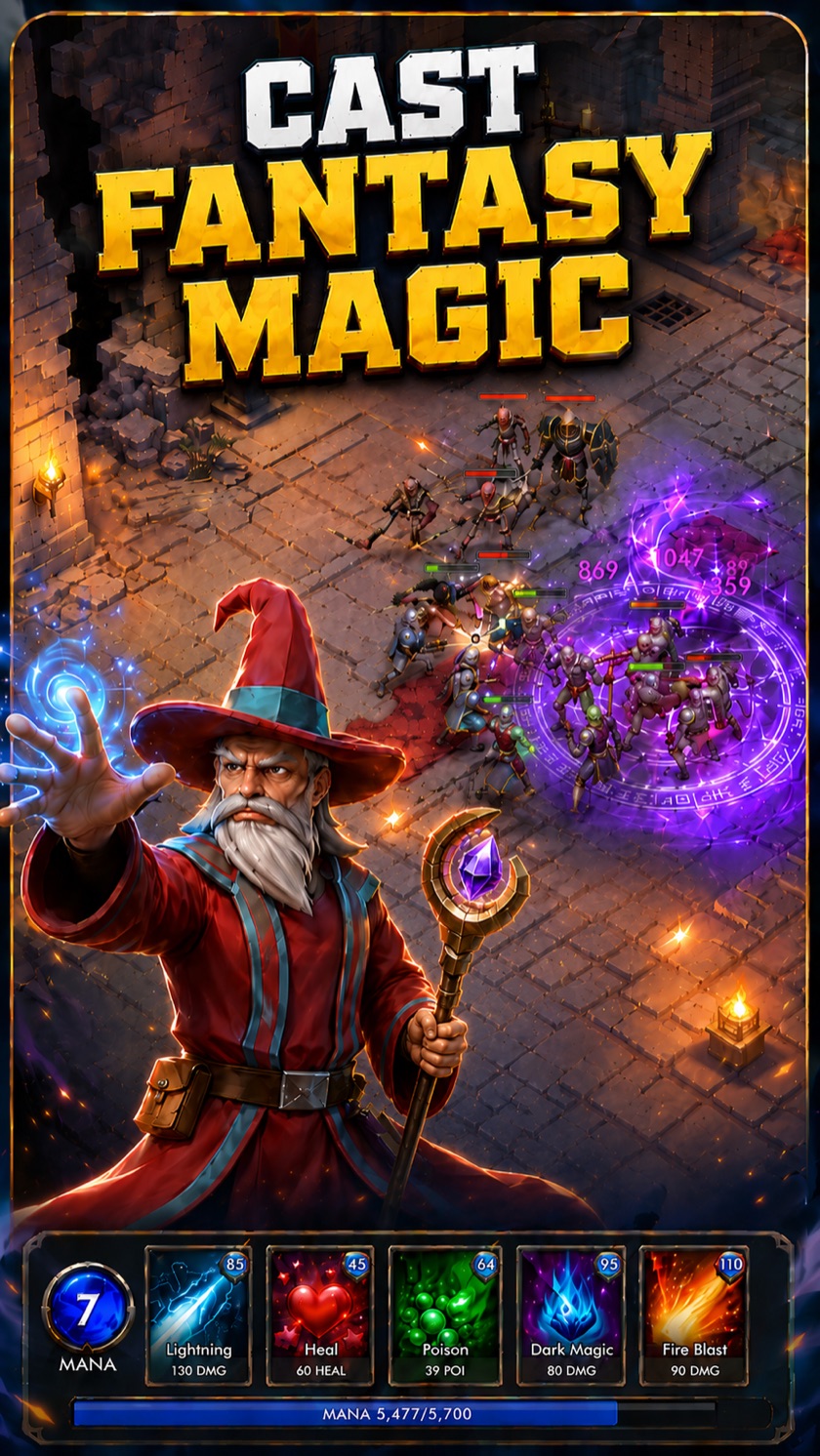 Cast fantasy magic — Lightning, Heal, Poison, Dark Magic, Fire Blast.