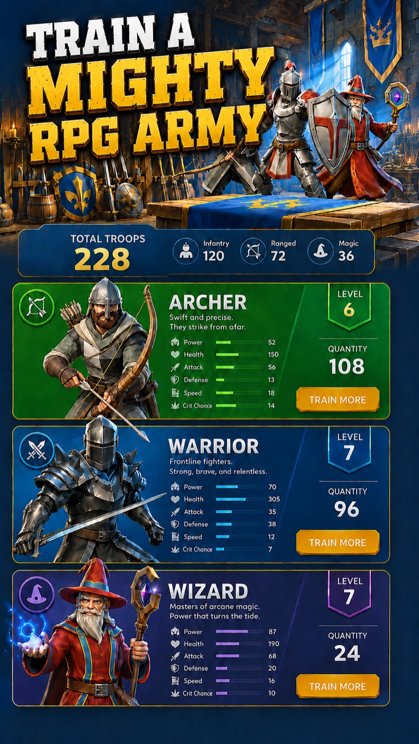 Train a mighty RPG army — Archer, Warrior and Wizard.